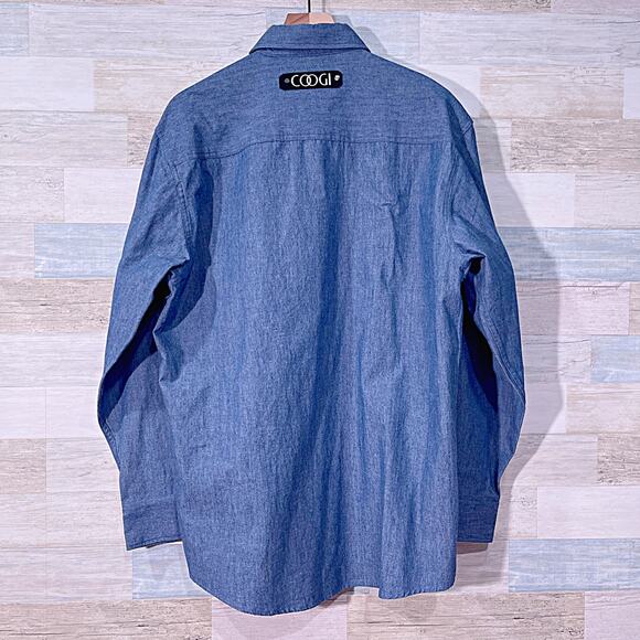 COOGI Cursive Logo Denim Shirt Blue Button Down Long Sleeve Cotton Mens Large - Picture 4 of 7